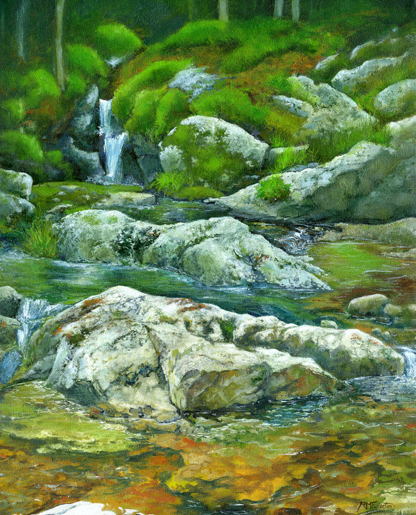 "A Corner of the Brook," 16x20 inch oil on canvas by Rebecca M. Fullerton, 2021. Part of "A Room With A View" at Gallery Twist, Lexington, Massachusetts, February 2021.