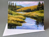 A still autumn evening on a marsh in the mountains. The clouds turn pink as the light fades, crickets sing in the tall grasses, and cool evening air settles over the water. Small 4"x5½" greeting cards. High quality prints of original paintings on archival felted cardstock. Certified by the Forest Stewardship Council.