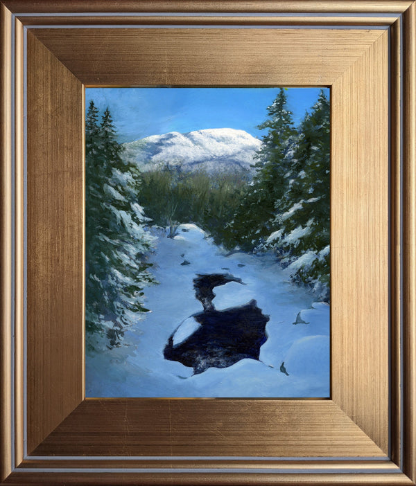 I captured this view down the Cutler River as it wends its way into Pinkham Notch. I was bounding through the snow down Tuckerman Ravine Trail. My side of the Notch was already in shadow, but the peaks of Wildcat Mountain were shining in the sun. Framed 9x12" oil on panel painting in a 14x17" gold-toned, wood frame.