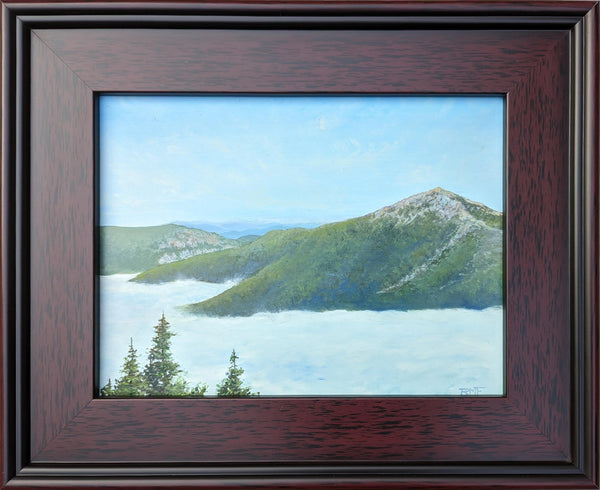 This 9x12 inch oil on panel painting captures the magic of an early morning hike on Mount Lincoln, overlooking Mount Lafayette in the White Mountains of New Hampshire. The painting depicts a sea of low clouds and fog surrounding the high peaks, creating a truly breathtaking scene. The painting is framed in a 14x17 inch gold-toned, wood frame and is signed by the artist. It is wired and ready to hang.