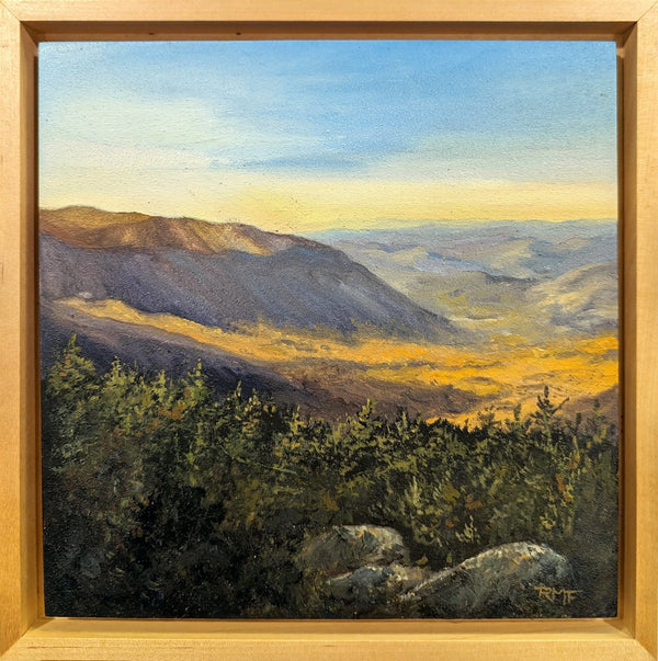 8x8 inch oil painting on panel of a White Mountain autumn landscape at sunset. Hillsides that were once green and orange in the midday light now glow with purple and gold hues as the sun slowly sinks below the horizon. This painting captures the magic of the White Mountains at dusk, when the landscape is transformed by the changing light. Hand-painted and framed in a hardwood float frame, this painting is a beautiful and unique way to bring the beauty of the White Mountains into your home.
