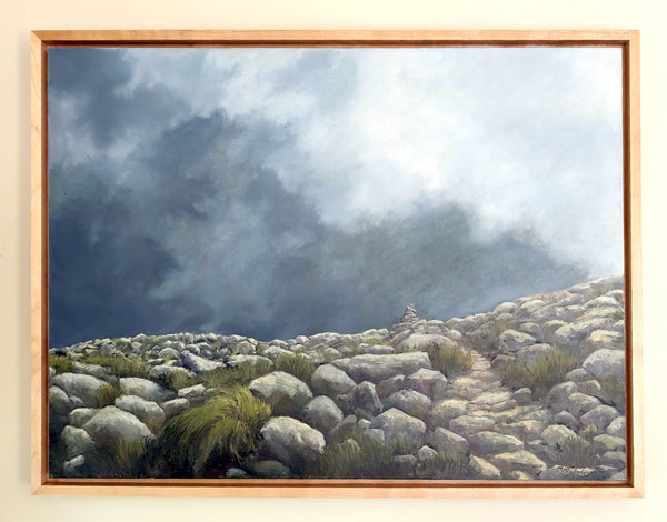 Dramatic mountainside oil painting captures the beauty of mid-day light in the White Mountains.  Scorching white sunlight illuminates rocks, contrasting with dark clouds and alpine sedge.  Perfect for any home or office, this painting captures the thrill of hiking above treeline in the White Mountains.  18x24 inch oil on panel, framed and signed by artist, wired and ready to hang.