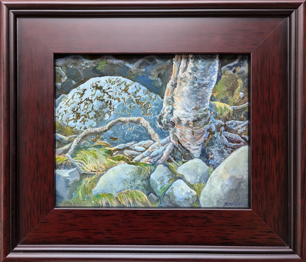 "Roots and Rocks" is an 8 by 10 inch oil painting on panel by Rebecca M. Fullerton, depicting gray, granite rocks, green grasses and moss, and the twisting roots of a silver birch.