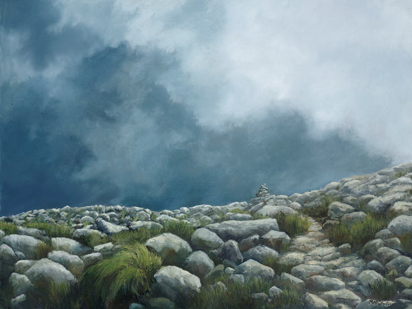 Dramatic mountainside oil painting captures the beauty of mid-day light in the White Mountains. Scorching white sunlight illuminates rocks, contrasting with dark clouds and alpine sedge. Perfect for any home or office, this painting captures the thrill of hiking above treeline in the White Mountains. 18x24 inch oil on panel, framed and signed by artist, wired and ready to hang.