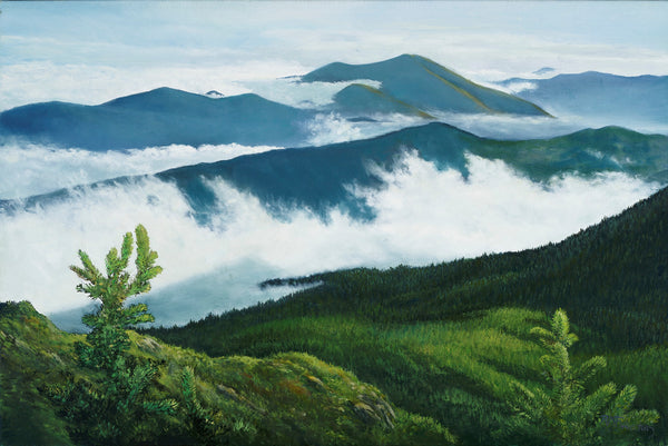 Oil painting of the Presidential Range of the White Mountains at sunset, with clouds gathering in the valley. The painting depicts distant ridges of the Willey Range, Mount Carrigain, and other peaks in the Pemigewasset Wilderness. The painting is 20 x 30 inches in size and is gallery wrapped on 1¼" stretcher bars with an ash wood float frame. It is signed by the artist and is wired and ready to hang.