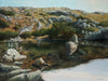 Original fine art landscape oil painting of a stunning alpine lake nestled in the rocky ravines of Mount Washington, New Hampshire's highest peak. The glassy waters reflect the sky and the surrounding alpine plants, rocks, and stunted trees, creating a magical scene of mountain wilderness.  This 18 x 24 inch oil on panel painting is framed in a 19.5 x 25.2 inch, 1.9 inch deep hardwood float frame and is signed by the artist. It is wired and ready to hang.