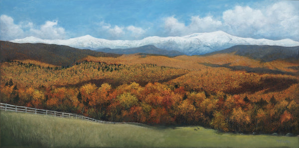 The Presidential Range of the White Mountains is stunning in all seasons, but most spectacular in autumn. A breath of winter can sweep in, turning the summits snowy white. Panoramic 4x8" greeting cards. High quality prints of paintings on archival felted cardstock. Certified by the Forest Stewardship Council.