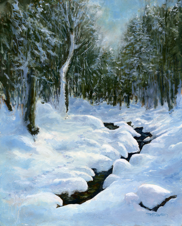 This 8x10 inch fine art paper print captures the beauty of a winter streambed. The bright, new snow mounds the rocks, and the dark waters peak through. Birch, fir, and maple trees filter the sunlight through their branches. A single track of some unknown creature meanders through the scene.  The print is printed on Hahnemühle Photo Rag paper, a 100% cotton paper with a smooth surface texture. The image is printed with a 1-inch white border.