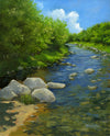 River sparkle, rocks and water, the greenest green of a bright summer day. This painting celebrates warm days on local rivers in all their glory.