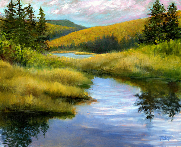 Autumn Marsh Oil on panel, 8 x 10 inches Framed in a 13 x 15 inch dark walnut frame Signed by the artist Wired and ready to hang Painted in and shipped direct from the White Mountains, New Hampshire This painting captures the still beauty of an autumn evening on a marsh in the mountains. The clouds are turning pink as the light fades, and crickets are singing in the tall grasses. The cool evening air is settling over the water, creating a sense of peace and tranquility. 