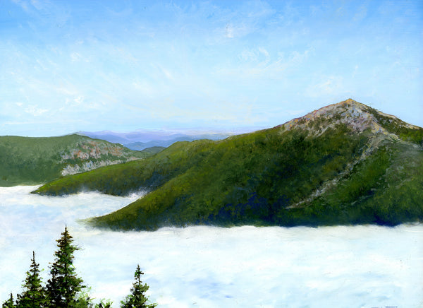  This 9x12 inch oil on panel painting captures the magic of an early morning hike on Mount Lincoln, overlooking Mount Lafayette in the White Mountains of New Hampshire. The painting depicts a sea of low clouds and fog surrounding the high peaks, creating a truly breathtaking scene. The painting is framed in a 14x17 inch gold-toned, wood frame and is signed by the artist. It is wired and ready to hang.