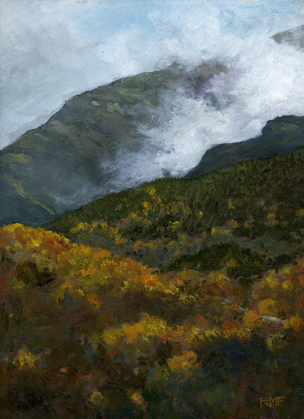 On a chilly day this autumn I stood at the base of the Mount Washington Auto Road and painted this slice of mountain slopes. I painted quickly to capture the clouds as they whisked in and out of the ravines, obscured the mountain altogether, then lifted and flew off. Framed 9x12 inch oil on panel. White Mountains, NH.
