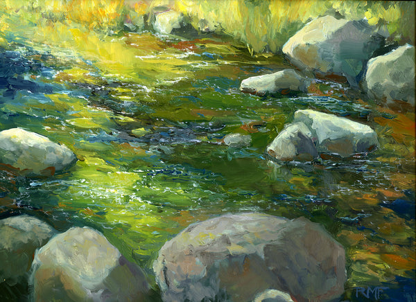 Just a little slice of a river during peak foliage. I could have painted the whole scene of the river, the woods, and the sky above, but there was so much color and sparkle to be found just in this small passage of water and rocks that I was content to study it alone.
