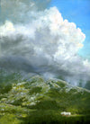 This oil on panel painting depicts a dramatic scene of thunderheads building up and cresting the ridge of Mount Adams, with the safety of Madison Spring Hut sitting just below. The painting is a reminder of the ever-changing weather conditions in the White Mountains, where storms can sweep in quickly. The painting is 9 x 12 inches and framed in a 14 x 17 inch walnut-toned wood frame. It is signed by the artist and wired and ready to hang.