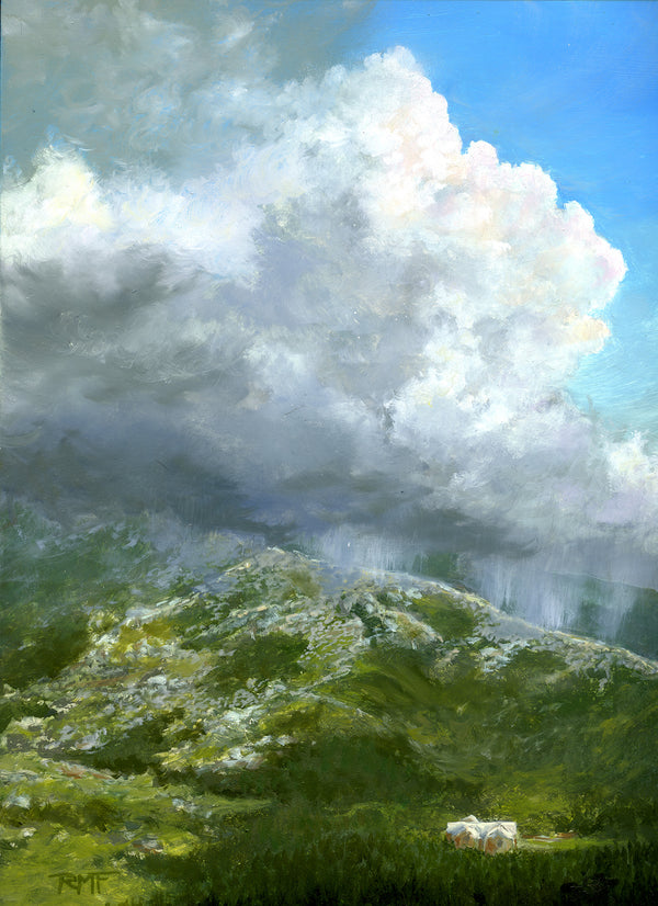 This oil on panel painting depicts a dramatic scene of thunderheads building up and cresting the ridge of Mount Adams, with the safety of Madison Spring Hut sitting just below. The painting is a reminder of the ever-changing weather conditions in the White Mountains, where storms can sweep in quickly. The painting is 9 x 12 inches and framed in a 14 x 17 inch walnut-toned wood frame. It is signed by the artist and wired and ready to hang.