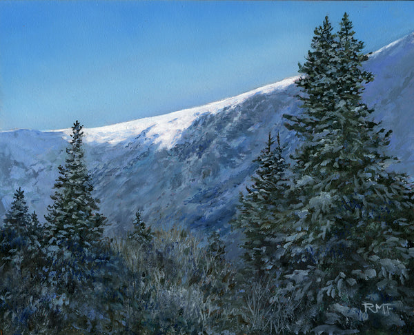 The cold creeps into every cell up on Mount Washington when the sun starts to set deep in winter. Tuckerman Ravine can feel like a lonely place as evening gathers. Watching the last slice of daylight recede over the Headwall makes the valley look like a good place to head for. Framed 8x10 inch oil on panel painting.