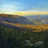 8x8 inch oil painting on panel of a White Mountain autumn landscape at sunset. Hillsides that were once green and orange in the midday light now glow with purple and gold hues as the sun slowly sinks below the horizon. This painting captures the magic of the White Mountains at dusk, when the landscape is transformed by the changing light. Hand-painted and framed in a hardwood float frame, this painting is a beautiful and unique way to bring the beauty of the White Mountains into your home.