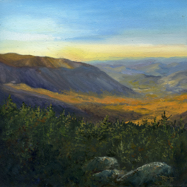 8x8 inch oil painting on panel of a White Mountain autumn landscape at sunset. Hillsides that were once green and orange in the midday light now glow with purple and gold hues as the sun slowly sinks below the horizon. This painting captures the magic of the White Mountains at dusk, when the landscape is transformed by the changing light. Hand-painted and framed in a hardwood float frame, this painting is a beautiful and unique way to bring the beauty of the White Mountains into your home.