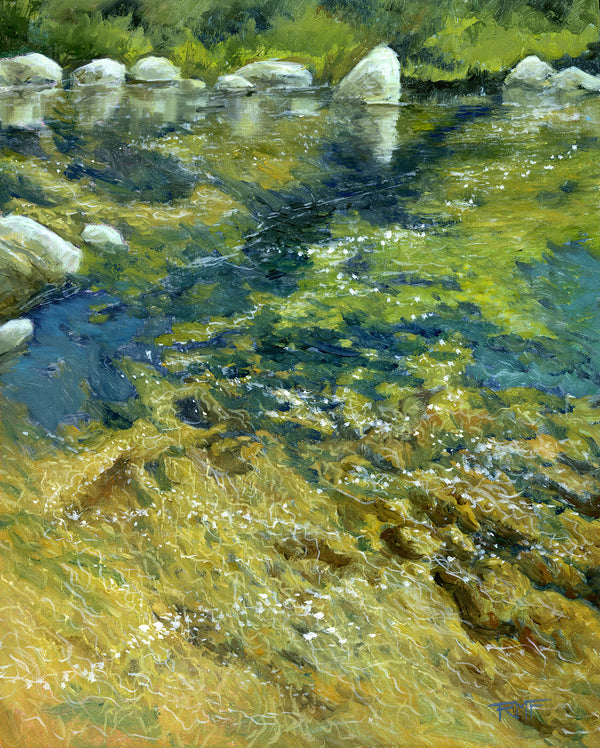 The Ammonoosuc River passes by down the hill from me, and every section of the river is a delight. Some parts are smooth as the water wends its way around boulders. Other parts are full of cascades. The whole river sparkles when the sun is out. Luminous 8x10 inch oil painting on panel, framed. White Mountains, NH.
