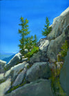 The slanting light of early morning and late afternoon is always the most dramatic. This little vignette is painted from a scene that I came upon while hiking up Mount Chocorua early one day after staying overnight at Jim Liberty Shelter. After a night of rain and clouds, the sky way perfectly blue, the air still and chilly. Picturesque groups of trees clung to the mountain all the way up the west side of the rocky cone. They were slowly touched by sun as it climbed up from the east.