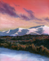 Winter sunsets can be so intense. Bright, snowy mountains tinted pink and orange, framed by a glowing sky and dark trees below is one of nature's perfect sights to me. Luminous 8 x 10 inch oil painting on panel, framed. White Mountains, NH.