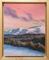 Winter sunsets can be so intense. Bright, snowy mountains tinted pink and orange, framed by a glowing sky and dark trees below is one of nature's perfect sights to me. Luminous 8 x 10 inch oil painting on panel, framed. White Mountains, NH.