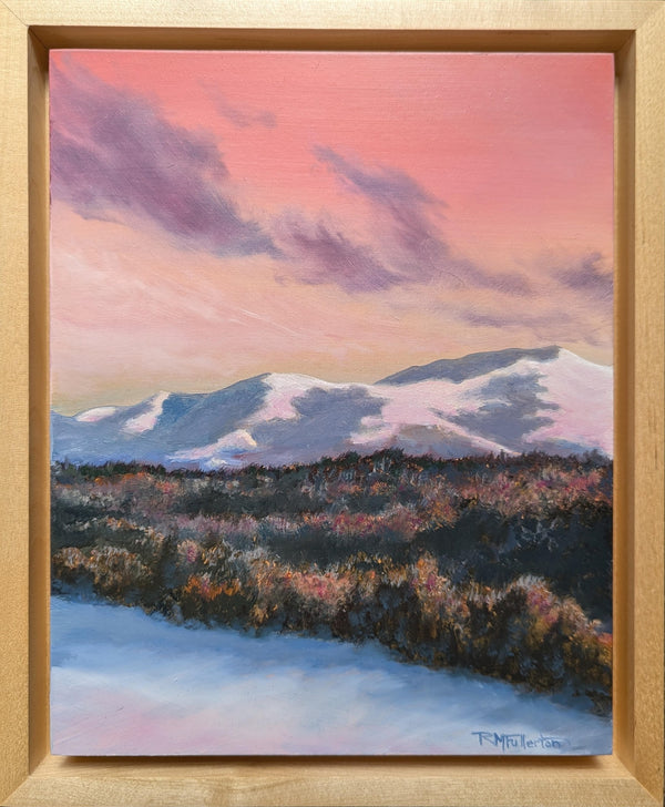 Winter sunsets can be so intense. Bright, snowy mountains tinted pink and orange, framed by a glowing sky and dark trees below is one of nature's perfect sights to me. Luminous 8 x 10 inch oil painting on panel, framed. White Mountains, NH.