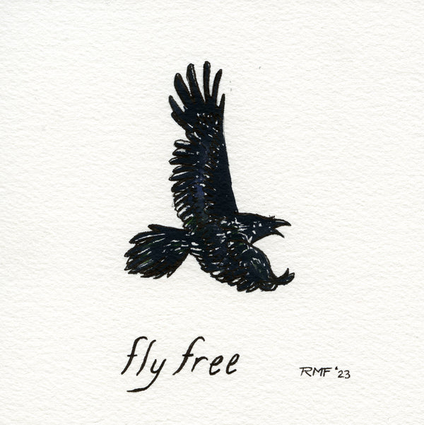 "fly free" watercolor and ink on paper, 5x5 inch doodle
