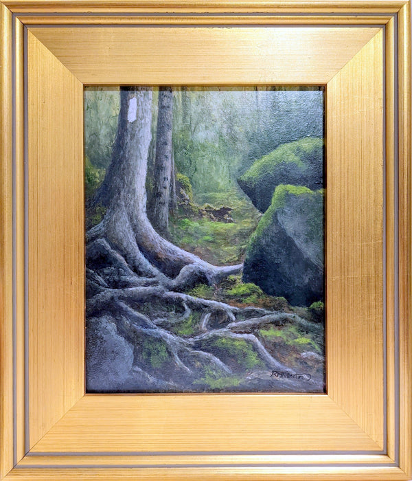 Step into this lush oil painting of the Appalachian Trail's "Green Tunnel," where a verdant canopy and moss-clad rocks envelop hikers in nature's embrace. This 8x10 inch framed oil on panel painting is signed by the artist and wired and ready to hang, bringing the beauty of the trail to your home.