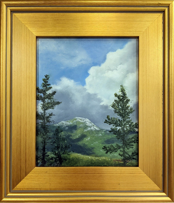 The profile of Mount Chocorua is recognizable for miles around, sticking up above its many slightly lower neighbors. This is the view from the west, within the Sandwich Range Wilderness, with a dramatic backdrop of storm clouds. Framed 8x10 inch oil on panel painting in a 13x15 inch gold-toned, wood frame.
