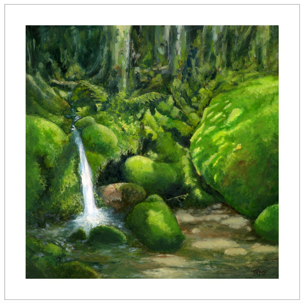 It is amazing how moss can so thoroughly coat the forest floor in some areas. This little spot was found along a trail on a hot June day. The cool of the water and moss itself was a welcome respite from the blazing sun. 12x12 inch fine art print on Hahnemühle Photo Rag; a bright white, 100% cotton rag paper with a smooth surface texture excellent color and image sharpness. Printed with a 1-inch white border, bringing the total sheet size to 14x14 inches.