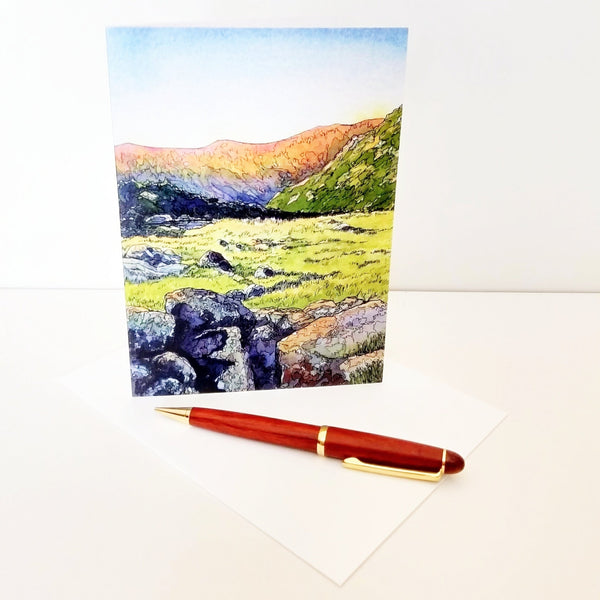 Send an invitation to adventure, reminisce about your last trip, or just say hi with a scene from the Presidential Range of New Hampshire's White Mountain National Forest. On a clear morning you'll witness nature in hues and tones seen at no other time and place. Small blank greeting cards. Envelopes are included.