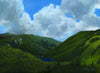 The view out over Franconia Notch from Artist Bluff never gets old! The mountains, the sun shining off Profile Lake, the road winding through the valley, the slopes of Cannon Mountain. It all works in harmony in this idyllic scene. 9 x 12 inch oil on panel painting framed in a 14 x 17 inch gold-toned, wood frame signed by the artist wired and ready to hang