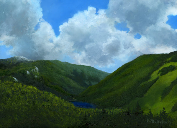 The view out over Franconia Notch from Artist Bluff never gets old! The mountains, the sun shining off Profile Lake, the road winding through the valley, the slopes of Cannon Mountain. It all works in harmony in this idyllic scene. 9 x 12 inch oil on panel painting framed in a 14 x 17 inch gold-toned, wood frame signed by the artist wired and ready to hang