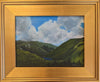 The view out over Franconia Notch from Artist Bluff never gets old! The mountains, the sun shining off Profile Lake, the road winding through the valley, the slopes of Cannon Mountain. It all works in harmony in this idyllic scene. 9 x 12 inch oil on panel painting framed in a 14 x 17 inch gold-toned, wood frame signed by the artist wired and ready to hang