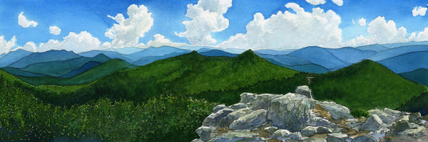 "South from Mount Lafayette" is a 7 by 21 inch watercolor and ink painting on paper depicting the view south along the Franconia Ridge Trail in the White Mountains of New Hampshire. A rocky outcrop in the foreground opens up to the peaks of Haystack, Lincoln and Liberty beyond, with rows of distant blue mountains as the backdrop.