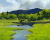 The delicate greens of spring, peepers waking up around the pond, rain clouds rolling by. Walking up the Zealand Valley on a warm spring day is pure magic. 8 x 10 inch oil on panel painting framed in a 13 x 15 inch gold-toned, wood frame signed by the artist wired and ready to hang