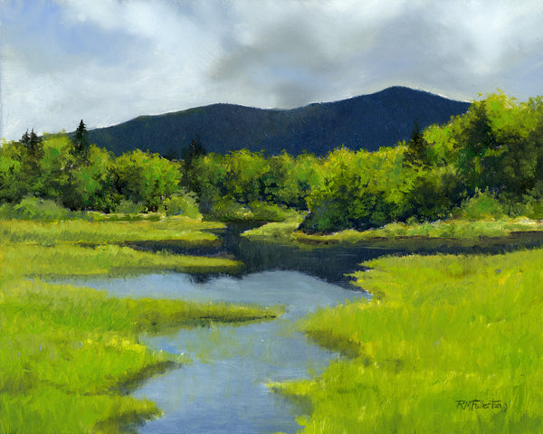 The delicate greens of spring, peepers waking up around the pond, rain clouds rolling by. Walking up the Zealand Valley on a warm spring day is pure magic. 8 x 10 inch oil on panel painting framed in a 13 x 15 inch gold-toned, wood frame signed by the artist wired and ready to hang