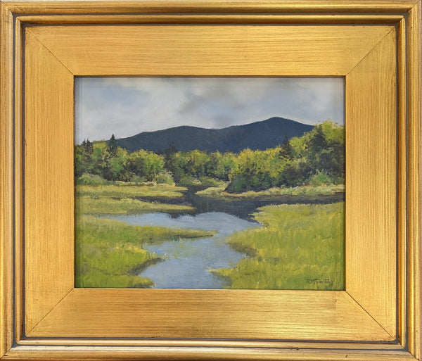 The delicate greens of spring, peepers waking up around the pond, rain clouds rolling by. Walking up the Zealand Valley on a warm spring day is pure magic.  8 x 10 inch oil on panel painting framed in a 13 x 15 inch gold-toned, wood frame signed by the artist wired and ready to hang