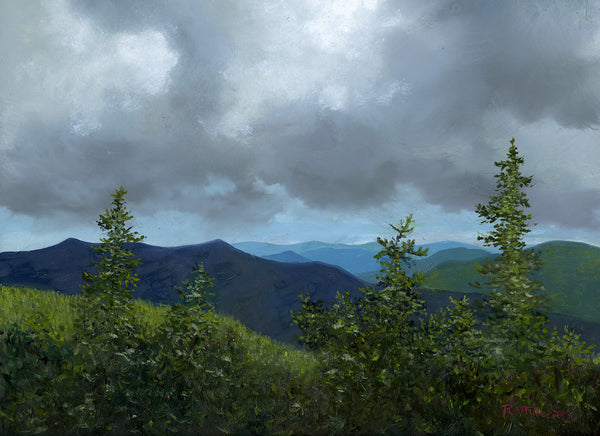 Storm clouds roll in over the Sandwich River Valley, and the peaks of the Tripyramids stand dark and gloomy beyond. Time to hike to lower ground. 9 x 12 inch oil on panel painting framed in a 14 x 17 inch gold-toned, wood frame signed by the artist wired and ready to hang