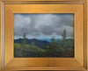 Storm clouds roll in over the Sandwich River Valley, and the peaks of the Tripyramids stand dark and gloomy beyond. Time to hike to lower ground. 9 x 12 inch oil on panel painting framed in a 14 x 17 inch gold-toned, wood frame signed by the artist wired and ready to hang