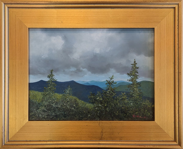 Storm clouds roll in over the Sandwich River Valley, and the peaks of the Tripyramids stand dark and gloomy beyond. Time to hike to lower ground. 9 x 12 inch oil on panel painting framed in a 14 x 17 inch gold-toned, wood frame signed by the artist wired and ready to hang