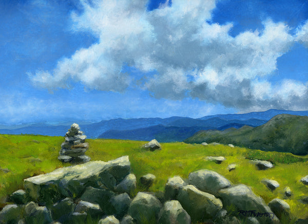 Have you ever sat above treeline in New Hampshire's White Mountains and tried to count all the mountain summits in your field of vision? Surely it would take a while and you might just loose track. Some clear days they appear to stretch to the ends of the earth. 9 x 12 inch oil on panel painting framed in a 14 x 17 inch gold-toned, wood frame signed by the artist wired and ready to hang