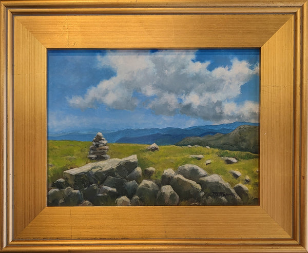 Have you ever sat above treeline in New Hampshire's White Mountains and tried to count all the mountain summits in your field of vision? Surely it would take a while and you might just loose track. Some clear days they appear to stretch to the ends of the earth. 9 x 12 inch oil on panel painting framed in a 14 x 17 inch gold-toned, wood frame signed by the artist wired and ready to hang