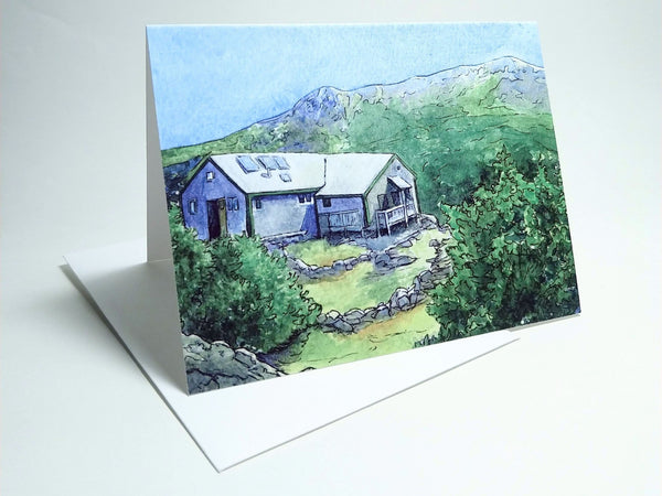 All eight AMC White Mountain Huts as a set of greeting cards! Send a note reminiscing about your last great trip to New Hampshire's mountains. Set contains one of each card of the eight huts: Lonesome Lake, Greenleaf, Galehead, Zealand Falls, Mizpah Spring, Lakes of the Clouds, Madison Spring and Carter Notch Huts. All in dazzling color and ready to mail. Eight small 4"x5½" greeting cads. High quality prints of original paintings by Rebecca M. Fullerton.