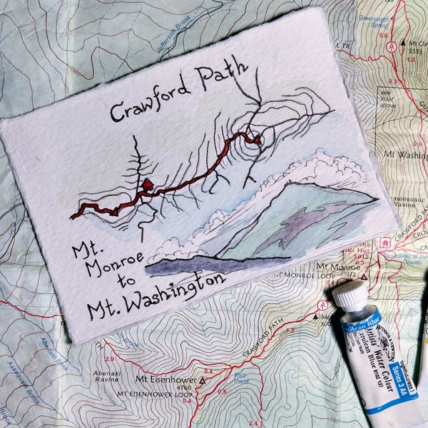 "Crawford Path: Mt. Monroe to Mt. Washington," one of my miniature map paintings. These small watercolor paintings are tiny artworks of my favorite trails in the White Mountains of New Hampshire, home of some of the Northeast's best hiking!