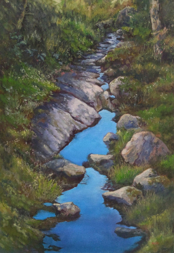 "Sky Along the Trail" is an 14 by 18 inch oil on canvas painting by Rebecca M. Fullerton, depicting water reflecting blue sky on a mossy, treelined section of the Crawford Path near Mount Pierce in the White Mountain National Forest of New Hampshire.