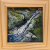 I painted this diminutive waterfall after seeing ever so many of them along the White Mountain trails that I often wander. Tiny streams and freshets spring out of the woods all around and tumble sparkling down the mountains here. Every joyful and enchanting, I could not help but put one down in paint. 4 by 4 inch oil on canvas painting framed in a 1.5" deep thick wood frame; signed by the artist; wired and ready to hang.