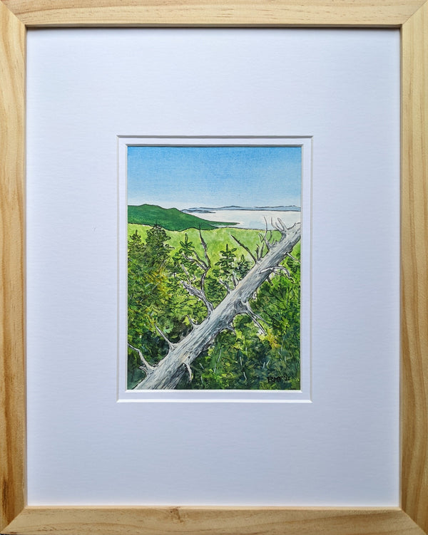 "In the Mountains" is a 5 by 7 inch watercolor and ink painting of the view from Mount Jefferson in New Hampshire. A sun-bleached deadfall tree crosses the foreground, and thick layer of undercast clouds covers the valleys below.