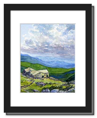 Appalachian Mountain Club Lakes of the Clouds Hut, White Mountain National Forest, White Mountains, New Hampshire. Fine art print of a watercolor painting. Gifts for hikers, backpackers, outdoor enthusiasts and hut fans.